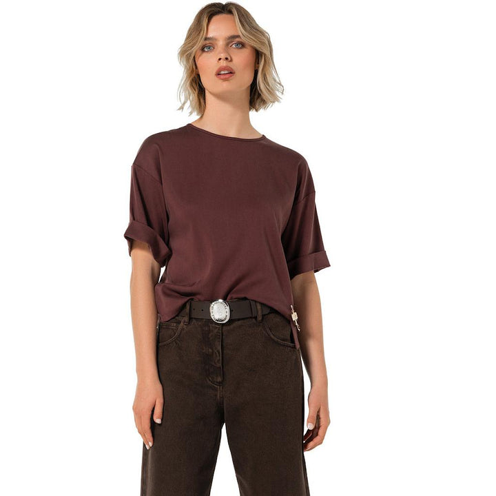 Caroline Biss women's blouse burgundy, front view on model